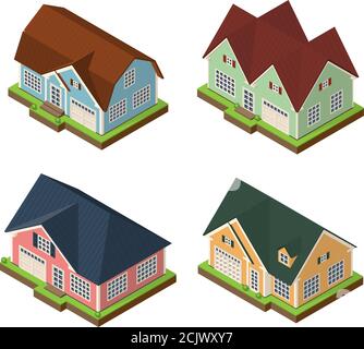Isometric 3d private house icons set Stock Vector