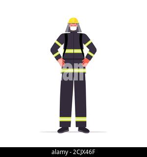 firefighter in uniform wearing mask to prevent coronavirus pandemic labor day celebration concept fireman standing pose full length vector illustration Stock Vector