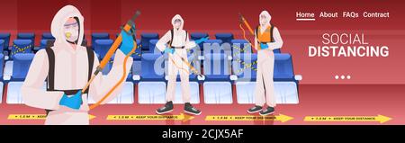 professional cleaners in hazmat suits janitors team cleaning and disinfecting coronavirus cells cinema hall interior horizontal copy space vector illustration Stock Vector