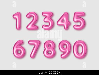 Realistic 3d font color pink numbers. Number in the form of metal balloons.  Stock Vector