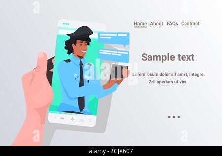 human hand using smartphone chatting with policeman during video call online communication concept portrait horizontal copy space vector illustration Stock Vector