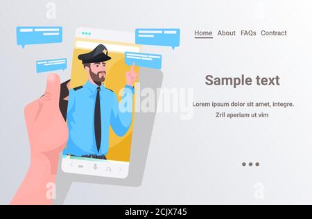 human hand using smartphone chatting with policeman during video call online communication concept portrait horizontal copy space vector illustration Stock Vector