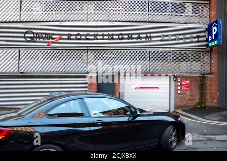 Sheffield,  UK – 30 Nov 2018 : car entering Rockingham Street Q Park secure multi storey car park at Portobello Street Stock Photo