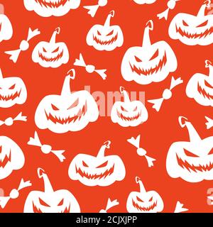 Red seamless vector pattern with halloween jack-o-lantern pumpkins and candy. Stock Vector