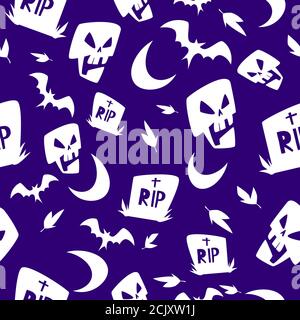 Blue seamless vector pattern of halloween skulls and bats. Stock Vector