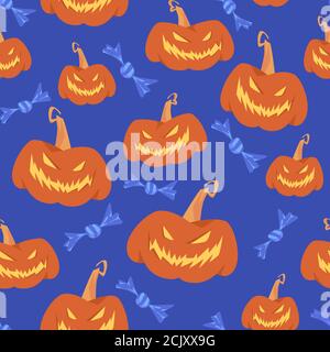 Blue seamless vector pattern with halloween jack-o-lantern pumpkins and candy. Stock Vector