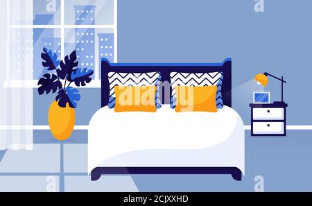 Bedroom interior. Vector web banner with place for text. Modern room design with double bed, bedside table, dresser, mirror, window, and decor accesso Stock Vector
