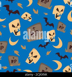 Seamless vector pattern of halloween skulls and bats. Stock Vector