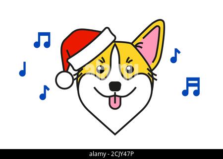 Cute corgi dog in santa claus hat sings carols Stock Vector