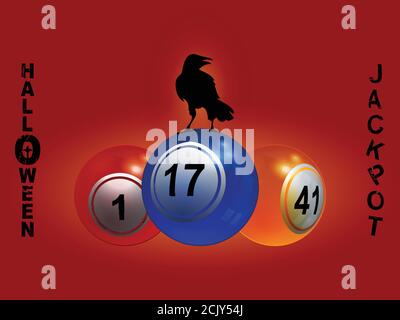 Halloween Bingo Lottery Red Gradient Background With Black Crow Silhouette On Three Bingo Lotto Balls And Decorative Text Stock Vector