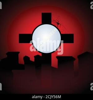 Halloween Black And Red Background With Graveyard And Tombstone With Circular Copy Space And Text Watermark Inside It And Spider Silhouette Stock Vector