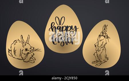 Festive card with the inscription "Happy Easter" and the silhouette of the Easter Bunny. Gold foil on the white background. Vector illustration art. Stock Vector