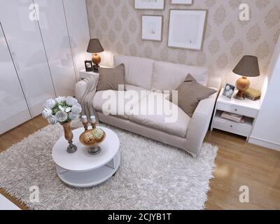 Living in a modern art deco style, with a beige sofa, two bedside tables and a coffee table. 3D rendnr. Stock Photo