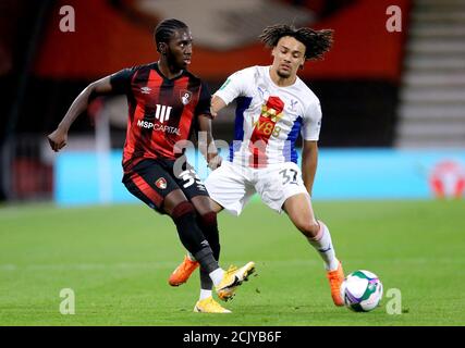 Bournemouth's Jordan Zemura (left) and Crystal Palace's Nya Kirby battle for the ball during the Carabao Cup match at the Vitality Stadium, Bournemouth. Stock Photo