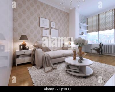 Guest room with a beautiful and comfortable sofas in the art deco style. Two bedside tables with the lamps. Low stlik with the decor. 3D render. Stock Photo