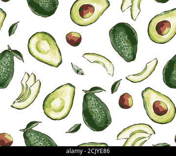 Seamless exotic vector pattern with sliced ​​avocado on a fashionable background. Seamless pattern of ripe avocados with seeds. Healthy eating Print, Stock Vector