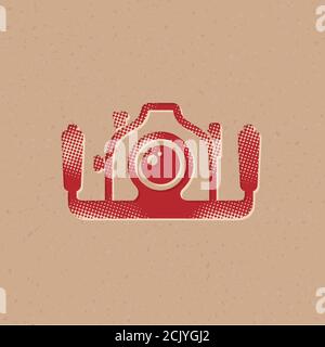 Underwater camera icon in halftone style. Grunge background vector illustration. Stock Vector