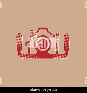 Underwater camera icon in halftone style. Grunge background vector illustration. Stock Vector