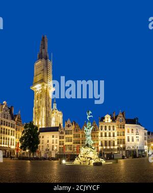 Antwerp Grote Markt square and cathedral at night Stock Photo