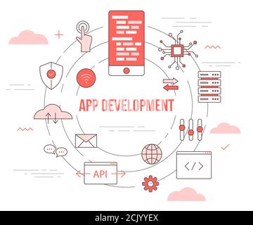 app development technology concept with icon set template banner with modern orange color style Stock Vector