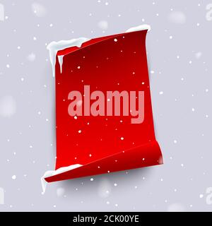 Red paper sheet with curled edges isolated on snowfall background. Vector vertical design element. Stock Vector