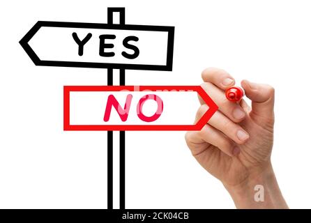 2-way signpost on whiteboard with the options yes and no Stock Photo
