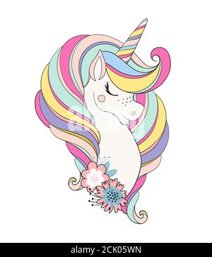 Unicorn head with flower. Beautiful portrait of a magic horse for design, postcard, invitation, children s party. Colorfull color vector illustration isolated on white background Stock Vector