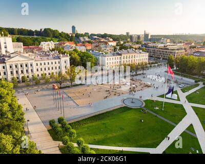 Aerial view of newly renovated Lukiskes square, Vilnius. Sunset landscape of UNESCO-inscribed Old Town of Vilnius, the heartland of the city, Lithuani