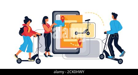 Electric scooter sharing or rental with people. Stock Vector