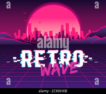 1980's neon sci fi landscape. Retrowave, synthwave vector background ...