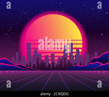 Retro future of the 80s. 1980s retro futuristic background style. Road to the city at sunset in the style of the 1980s. Digital retro cityscape sci-fi Stock Vector