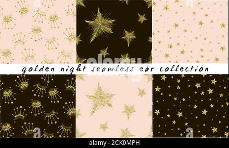 Seamless pattern with golden stars and eyes on a pastel pink and black background, Hand drawn overlapping background, Background for textile wrapping Stock Vector