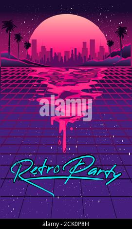 Retro future of the 80s. 1980s retro futuristic background style. Road to the city at sunset in the style of the 1980s. Digital retro cityscape sci-fi Stock Vector