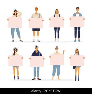 Cartoon characters standing young women and men holding blank posters. Girls and guys with banners with place for text. Youth, school sale. Vector illustration Stock Vector