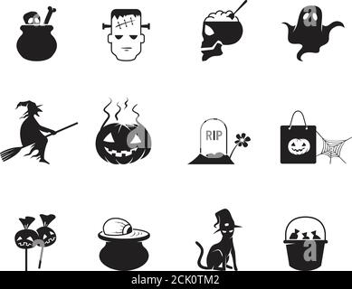 Halloween icon set in black and white. Spooky skull and pumpkin. Holiday vector illustration. Stock Vector