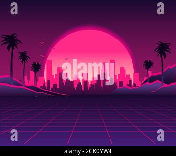 1980's neon sci fi landscape. Retrowave, synthwave vector background ...