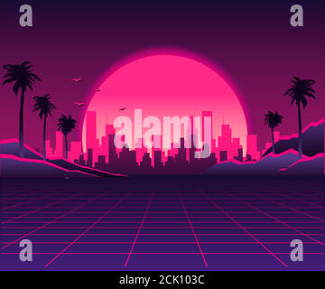 Retro future of the 80s. 1980s retro futuristic background style. Road to the city at sunset in the style of the 1980s. Digital retro cityscape sci-fi Stock Vector