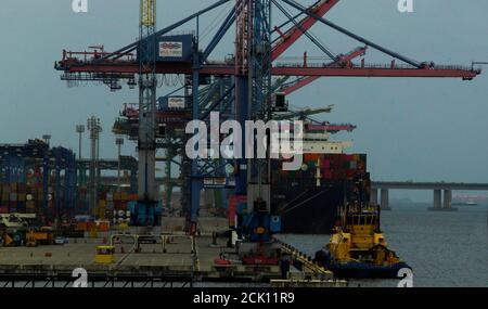 Rio de Janeiro September 14, 2020-  A cargo boat is seen at Rio de janeiro port on the Guanabara bay Stock Photo