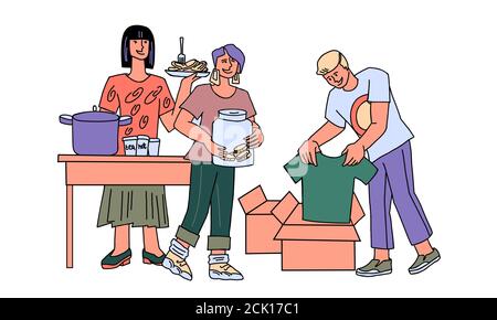 Volunteers helps homeless and poor people - give out food, collect donations. Stock Vector