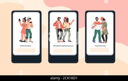 Traveling and online booking mobile apps set. Stock Vector