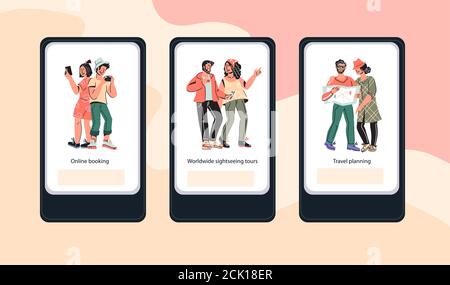 Traveling and online booking mobile apps set. Stock Vector