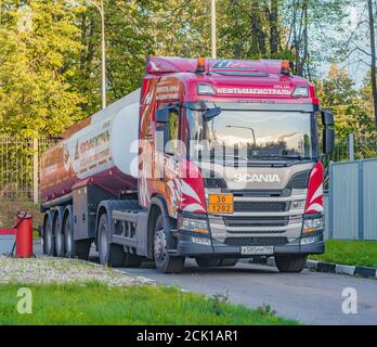 Mytischi, Russia - September 15, 2020: Fuel tanker truck stands by the gas station. Stock Photo
