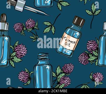 Seamless pattern with bottles with essential oils: essential oil. Cosmetic, perfume and healing essential oils, objects on a white background. Stock Vector