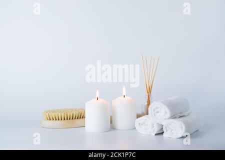 Bath and bath accessories with a copy of the space on a white background Stock Photo