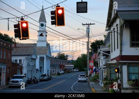 The general view of town of Wilmington and Vermont route 100 with traffic lights and Wilmington Baptist Church.Wilmington.Vermont.USA Stock Photo