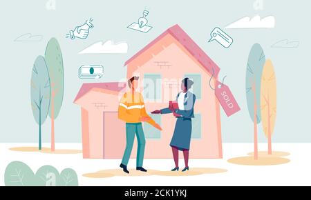 Handshake and successful real estate transactions conclusion scene with people characters. Stock Vector