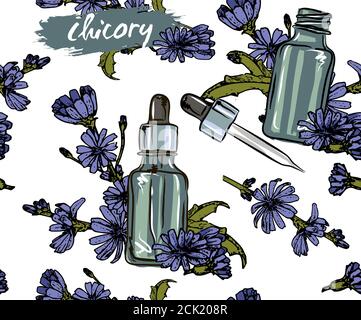 Seamless pattern with bottles with essential oils chicory, Cosmetic, perfume and healing essential oils, objects on a white background. Stock Vector