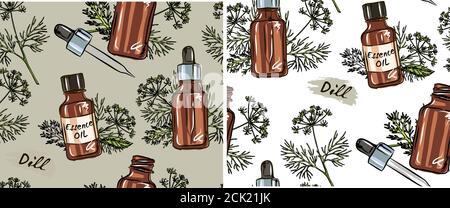 Seamless pattern with bottles with essential oils: essential oil. Cosmetic, perfume and healing essential oils, objects on a white background. Stock Vector