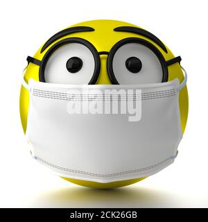 Emoticon with glasses wearing face mask - 3D illustration Stock Photo