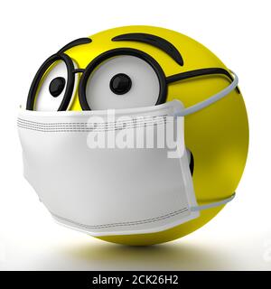 Emoticon with glasses wearing face mask - 3D illustration Stock Photo